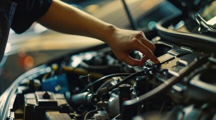 Mechanic is checking the oil level of a car in a repair shop