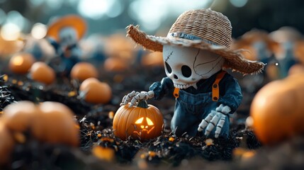 Skeleton in Straw Hat Holding Jack O Lantern Pumpkin