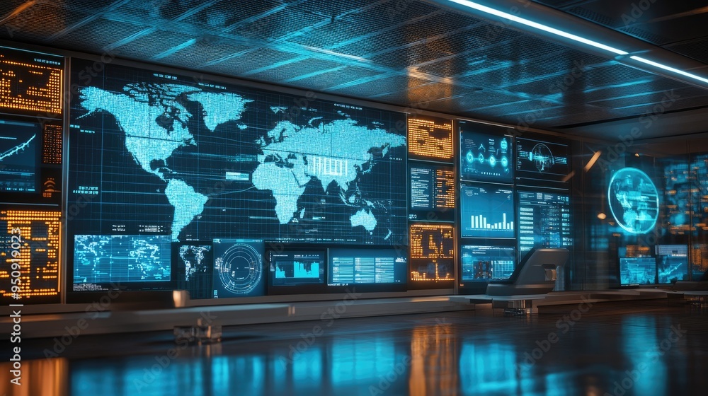 A global logistics control center with screens displaying shipment data, routes, and tracking information -