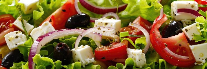 Canvas Print - Vibrant salad featuring brie cheese, olives, onions, and lettuce.