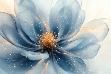 Wall Mural - Abstract Blue Flower with Golden Center and Glimmering Lights