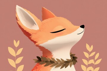 Sticker - Cute Fox with Closed Eyes and a Wreath of Leaves