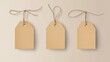 © Luiri Art - Three brown paper tags with strings against a neutral background, ideal for labeling, pricing, or gifting