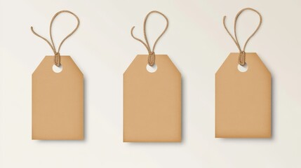 Three brown paper tags with strings on a minimalist background, ideal for product labeling, pricing, or gifting