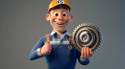 Wall Mural - Cheerful Cartoon Handyman with Wrench and Gear Displaying Pride in His Skilled Manual Work