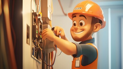 Hardworking male construction worker in orange helmet fixing electrical panel on wall