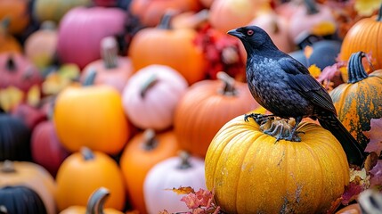 Wall Mural - purple halloween background featuring a variety of pumpkins, including orange, yellow, and orange - and - yellow pumpkins, with a black bird perched on a branch in the foreground 