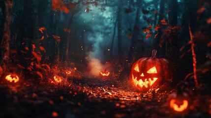 Sticker - Halloween pumpkins in the forest at night.Halloween background with Evil Pumpkin. Spooky scary dark Night forrest. Holiday event halloween banner background concept