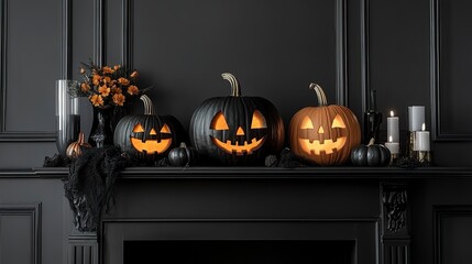 Poster - elegant halloween decor, elegantly carved pumpkins on a black mantle create a chic and spooky halloween ambiance, perfect for minimalist decor in any room