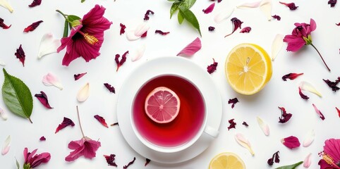 Poster - Artistic arrangement of hibiscus tea and lemon on white surface viewed from above