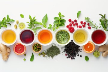 Poster - Artistic arrangement of various teas on white surface Flat lay with food theme