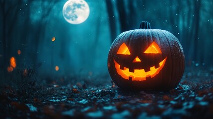 Sticker - a pumpkin head jack lantern set against a backdrop of a spooky forest and a full moon. Haunted house dark night halloween festival holiday trick or treat -