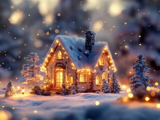 Holiday lights twinkling on a snow-covered house, creating a festive winter scene, Festive, Warm Glow, Detailed