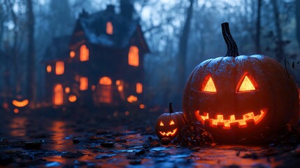 Sticker - Halloween background with pumpkins and haunted house - 3D render. Halloween background with Evil Pumpkin. Spooky scary dark Night forrest. Holiday event halloween banner background concept 