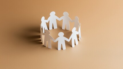 A circular arrangement of paper cutouts holding hands on a neutral background symbolizes unity and connection in creative arts.