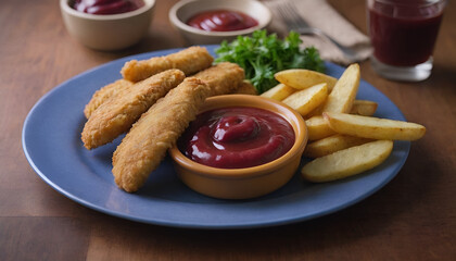 Sticker - chicken tenders with potato wedges and plum sauce