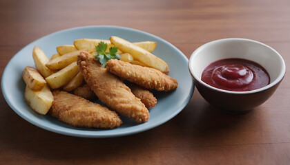 chicken tenders with potato wedges and plum sauce