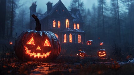 Sticker - Halloween background with pumpkins and haunted house - 3D render. Halloween background with Evil Pumpkin. Spooky scary dark Night forrest. Holiday event halloween banner background concept