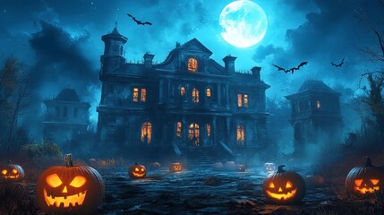 Sticker - halloween scene horror background with creepy pumpkins of spooky halloween haunted mansion Evil house at night with full moon 