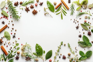 Canvas Print - Assorted spices and herbs on white background with empty space Top view flat lay frame