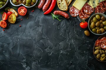 Assortment of Spanish tapas on black stone background including deli sandwiches olives cheese jamon pepper and tomatoes Space for text Top view