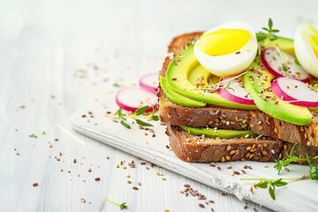 Poster - Avocado toast with radish egg and flax seeds Healthy breakfast on wooden table Focus on food with space for text