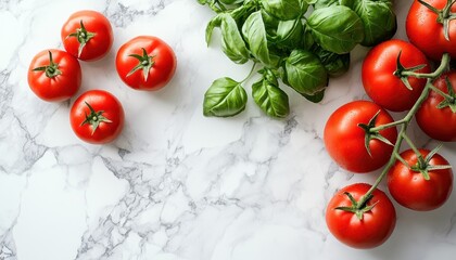 Wall Mural - Fresh Tomatoes and Basil on Marble Background