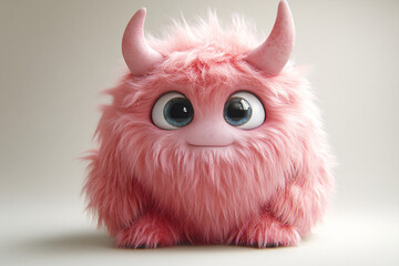 A pink fluffy cartoon monster with horns isolated on a white background. It is a funny mascot character, suitable for use in children's products or fantasy-themed designs.