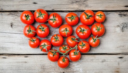 Wall Mural - Heart-shaped Arrangement of Fresh Tomatoes on Rustic Wooden Background