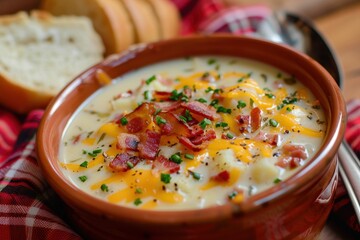 Canvas Print - Bacon and cheese loaded potato soup with bread