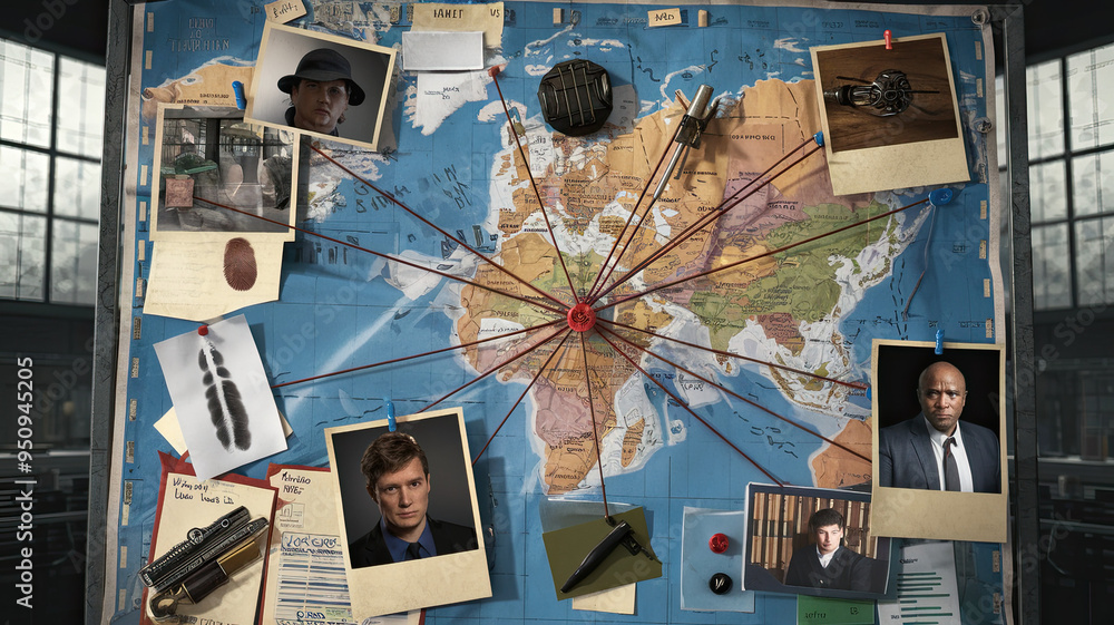 Detective board with fingerprints, photos, map, and clues connected by ...