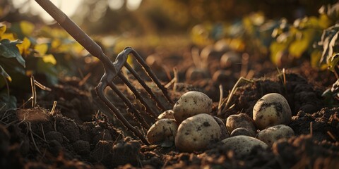 Canvas Print - Pitchfork protruding from the soil Harvesting potatoes in autumn