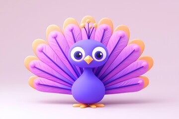 Canvas Print - Cute Cartoon Peacock with Purple and Yellow Feathers