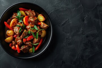 Canvas Print - Beef and vegetable stew in black bowl with roasted baby potatoes Dark background top view copy space