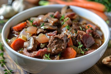 Poster - Beef Bourguignon served with vegetables and fresh thyme in a white bowl