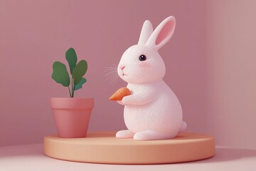 Poster - Cute White Bunny Holding a Carrot on a Pink Background