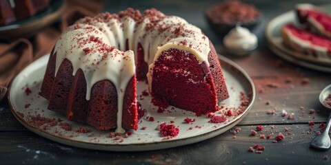 Sliced red velvet bundt cake with cream cheese frosting and cake crumbs on a plate