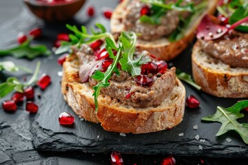 Wall Mural - Belgian duck liver pate and homemade chicken liver pate on toast with greens and pomegranate Text space available