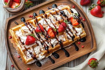 Canvas Print - Belgian waffles topped with strawberries cream and chocolate syrup on a wooden background