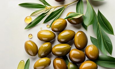 Wall Mural - Fresh olives and olive oil with green leaves on white