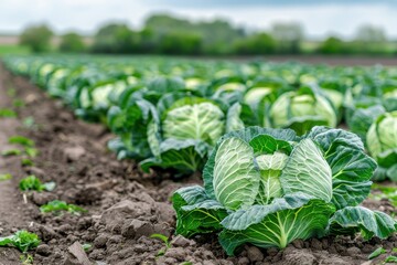 Big cabbage field with ripe harvest on a farm