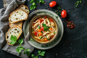 Poster - Bird s eye view of plate of chicken noodle soup on dark rustic background with bread slices and space for text