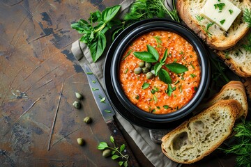 Poster - Black bowl of salmon pate with red caviar bread capers and herbs on linen napkin over brown background