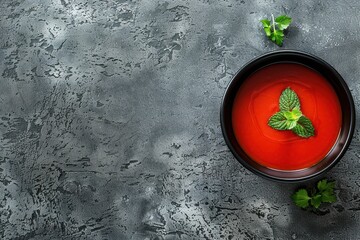 Poster - Black bowl with tomato soup on grey stone background Top view with copy space