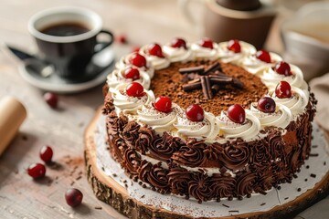 Black forest cake and coffee on a table