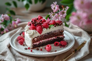 Black Forest cake on white plate with flowers