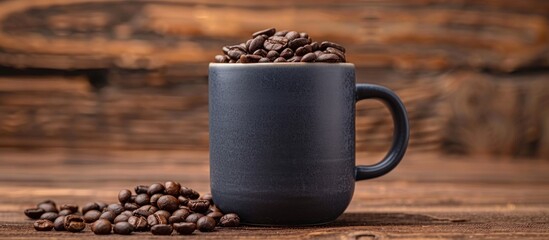 Poster - A Dark Gray Mug Filled With Roasted Whole Coffee Beans Stands On A Wooden Background With Coffee Beans On The Left