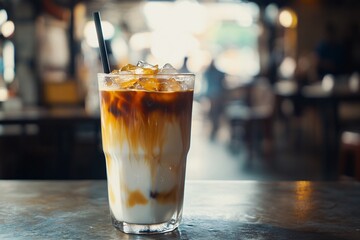 Canvas Print - Iced Coffee with Milk and Ice Cubes in a Glass on a Table