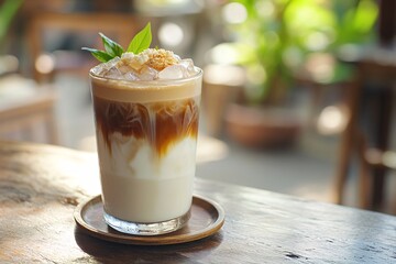 Canvas Print - Iced Coffee with Milk and Ice Cubes on Wooden Table