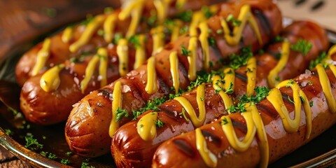 Poster - Plate of Frankfurter sausages topped with mustard and parsley